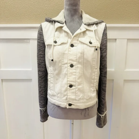 Free People Knit Sleeve Distressed Denim Jacket Size:M Removable Hood Women - Picture 2 of 13